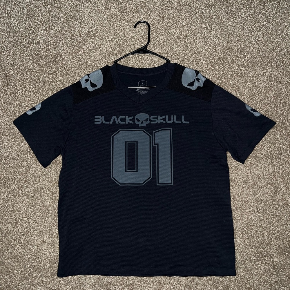 Black Skull Black Grey Powerful Thick Stretchy Sport Fitness 01 Jersey T Shirt